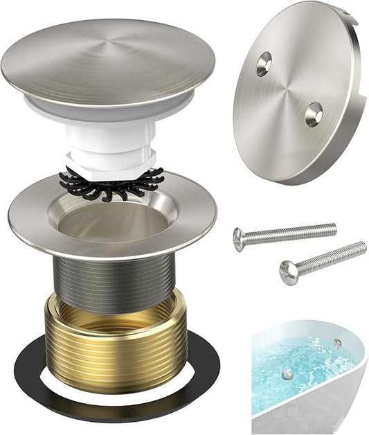 Brushed Nickel Tub Drain Kit with Hair Catcher, Premium Brass Mushroom Tip-Toe Bathroom Tub Drain Replacement and 2-Hole Overflow Faceplate, 11.5/16 UNC Bathtub Drain Stopper Assembly