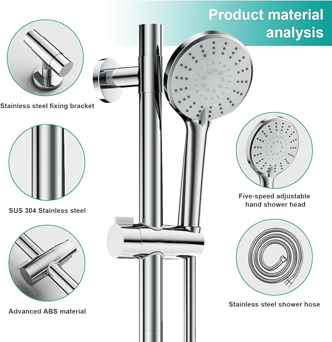 Shower Slide Bar Handheld Shower Head with Hose, 5-Function Hand Shower with Wall Mount，shower slide bar,adjustable height shower head (A-round, Chrome)