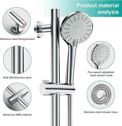 Shower Slide Bar Handheld Shower Head with Hose, 5-Function Hand Shower with Wall Mount，shower slide bar,adjustable height shower head (A-round, Chrome)