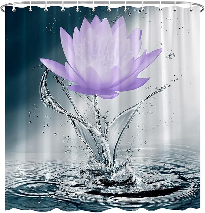 Lotus Shower Curtain Black White Blue Violet Flower Elegant Blooming Floral with Dew Spring Flower Reflection on Water Modern Romantic Polyester Fabric Bathroom Decor 70×84 Inch with Hook