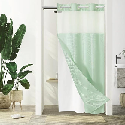 Gibelle Stall Small Shower Curtain 36x74, Waffle Weave Shower Curtain with Snap-in Fabric Liner Set, No Hooks Needed, Hotel Style with Mesh Top Window, Mint Green