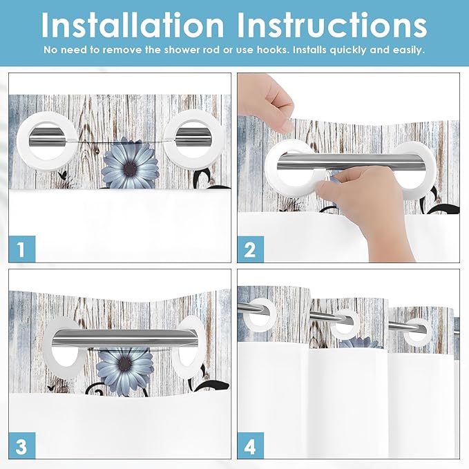 No Hook Blue Flower Shower Curtain with Snap in Fabric Liner Set, Daisy Rustic Farmhouse Double Layers Waterproof Fabric with See Through Top Window Open Grommet Bath Curtain 71x74 Inch