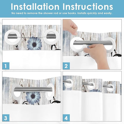 No Hook Blue Flower Shower Curtain with Snap in Fabric Liner Set, Daisy Rustic Farmhouse Double Layers Waterproof Fabric with See Through Top Window Open Grommet Bath Curtain 71x74 Inch