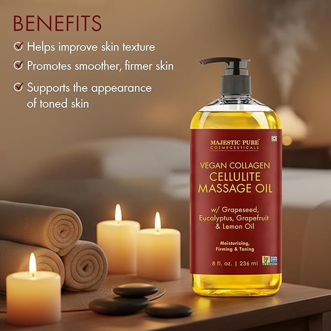 Majestic Pure Firming Body Massage Oil with Collagen – Helps Smooth The Appearance of Cellulite & Improve Skin Texture – Refreshing Aromatherapy Body Oil for Legs & Full Body – 8 Fl Oz