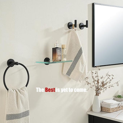 JQK Bathroom Glass Shelf Black, Tempered Glass Shower Storage 8 by 5 inches, 304 Stainless Steel Matte Black Wall Mount, TGS101L8-PB