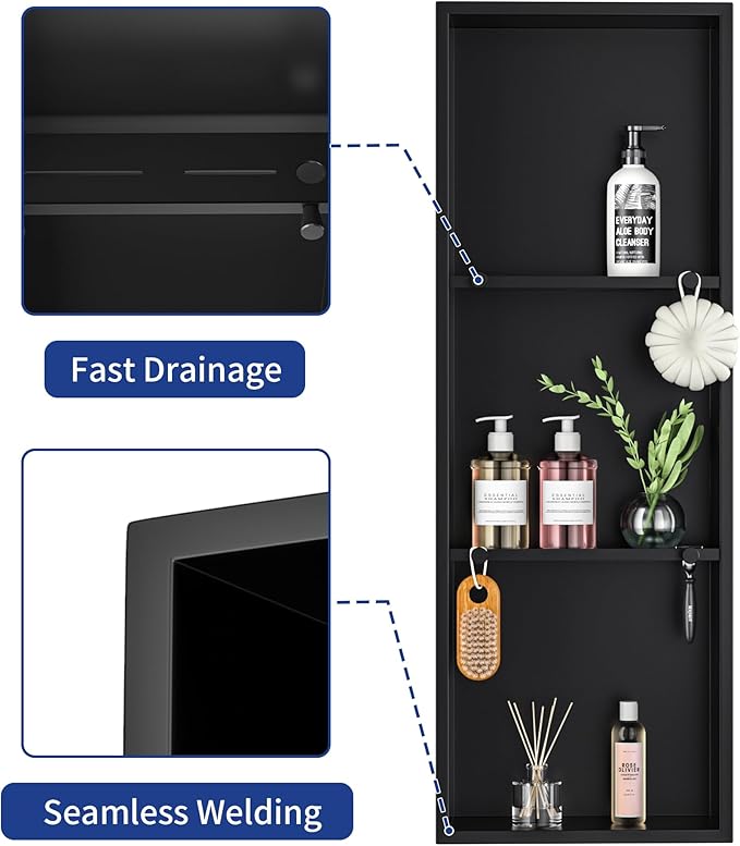 Stainless Steel Shower Niche w/Hooks, Wall Vertical Niche Without Tiling, Recessed Shower Shelf for Bathroom Storage, Over-Mount Installation (Black, 12'' x 36'')