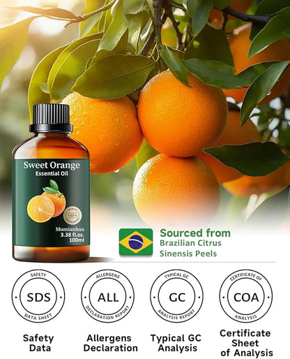 Orange Essential Oil Pure,Mumianhua Natural Sweet Orange Oil for Reed Diffuser, Humidifier, Air Purifier, Skin,Home, Perfumes, Soap, Candles Making, Room Spray, Cleaning 3.38Fl Oz