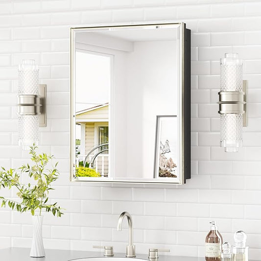 TETOTE Brushed Nickel Medicine Cabinet 20" x 26" Recessed or Surface Wall-Mounted Aluminum Alloy Framed Medicine Cabinet Stepless Adjustable Shelves