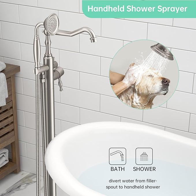 Hoimpro Free Standing Tub Faucet Freestanding Tub Filler Stand Alone Bath Tub Set Floor Mounted Bathtub Faucet Shower Faucets Handheld Sprayer Brass Brushed Nickel