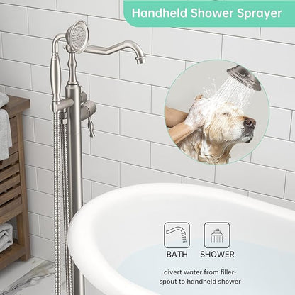 Hoimpro Free Standing Tub Faucet Freestanding Tub Filler Stand Alone Bath Tub Set Floor Mounted Bathtub Faucet Shower Faucets Handheld Sprayer Brass Brushed Nickel