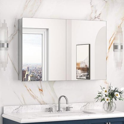 Keonjinn 40 x 26 Inch Medicine Cabinet, Assembly Required, Silver Bathroom Medicine Cabinets Mirror, Lightweight, Adjustable Shelves, Surface Mount or Recessed, Tempered Glass