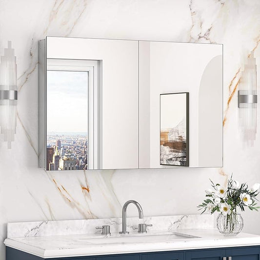Keonjinn 40 x 26 Inch Medicine Cabinet, Assembly Required, Silver Bathroom Medicine Cabinets Mirror, Lightweight, Adjustable Shelves, Surface Mount or Recessed, Tempered Glass