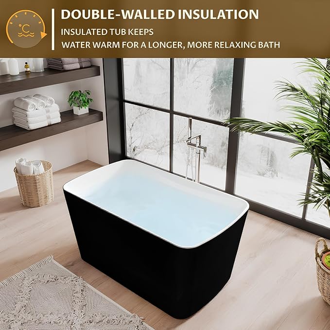 49‘’ GarveeHome Acrylic Freestanding Bathtub, Deep Soaking Stand Alone Tub, black exterior and white interior, Comfortable Small Space Tub with Chrome Overflow and Drain, Easy to Install