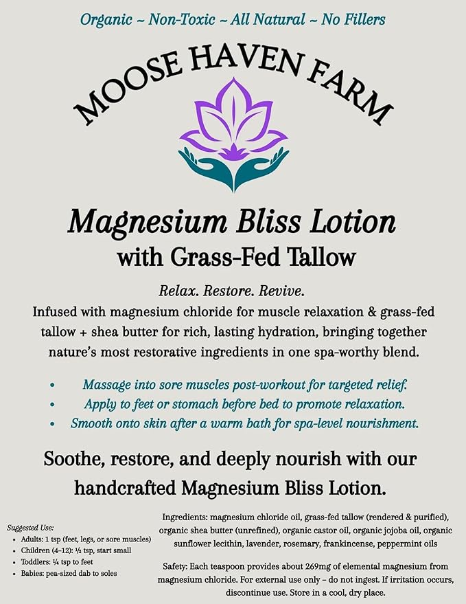 Magnesium Bliss Lotion – Magnesium Muscle Relief Lotion with Grass-Fed Tallow, Castor Oil & Shea Butter – Natural Hydrating Magnesium Cream for Sleep, Relaxation & Daily Skincare