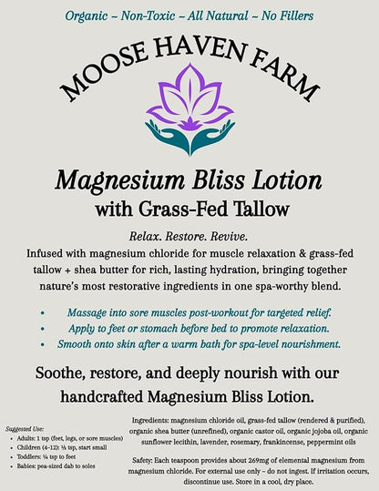 Magnesium Bliss Lotion – Magnesium Muscle Relief Lotion with Grass-Fed Tallow, Castor Oil & Shea Butter – Natural Hydrating Magnesium Cream for Sleep, Relaxation & Daily Skincare
