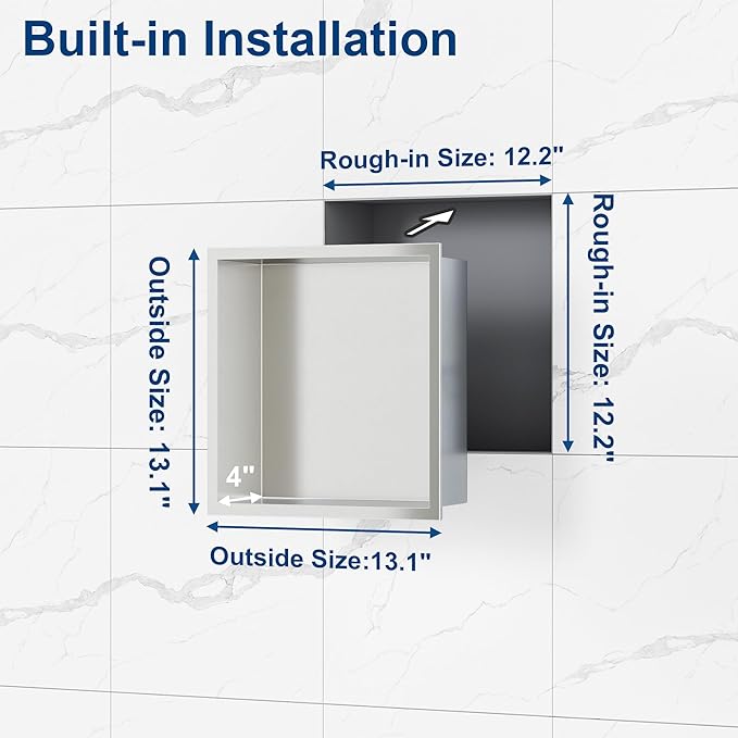 Neodrain Recessed Shower Niche, Bathroom Storage Cabinet Inner Size 12" X 12", Brushed Stainless Steel Bathroom Wall Niche Insert No Tile Needed for Shampoo