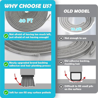 40FT Brush Weather Stripping Door Window Seal - Weather Strip Insulation for Door Frame & Window, Soundproofing Weather Stripping
