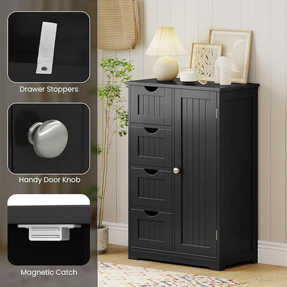 Giantex Bathroom Storage Cabinet with Drawers - 4 Drawer Storage Organizer w/Cupboard, Adjustable Shelf, Anti-Toppling Device, Entryway Storage Unit Console Table, Bathroom Floor Cabinet (Black)