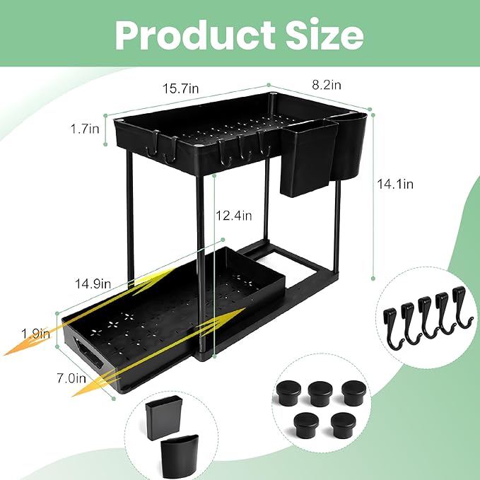 Compact 2-tier under-sink organizer with sliding drawer, 2 trays, and 5 hooks. Sturdy PP and iron design for kitchen, bathroom, or laundry room storage.