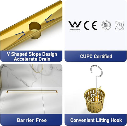 Linear Shower Drain 24", Brushed Gold Floor Drain with Tiled Insert Grate & Hair Strainer, 304 Stainless Steel Bathroom 2-in-1 Tiled in Drain, CUPC Certified (Brushed Gold, 24'')