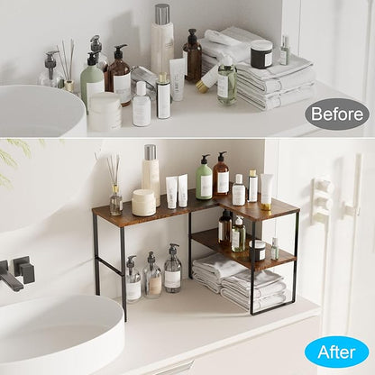Golener Countertop Organizer Corner Shelf, 2 Tier Adjustable Stackable Corner Shelves for Kitchen, Bathroom, Spice Rack, Coffee Area, Over Sink, Dresser Table, Corner Counter Shelf Stand, Rustic Brown