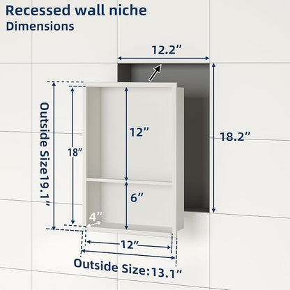 Neodrain 12X18 Inch White Double Shelf Stainless Steel Shower Niche, No Tile Needed Bathroom Shelf, Two Layer Recessed Built-in Wall Niche