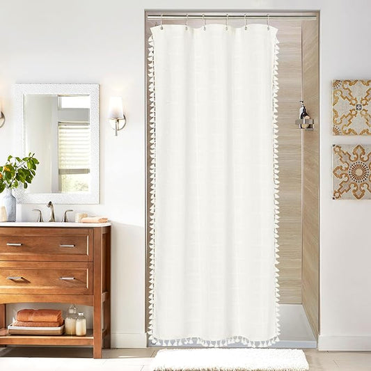 MitoVilla Cream White Small Stall Shower Curtain 36 x 72, Narrow Polyester Linen Fabric Shower Curtains for Farmhouse Bathroom Decor, Brown Half Size Cloth Shower Curtain Set with Hooks, Ivory
