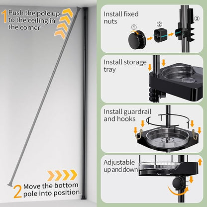 360° Rotating Corner Shower Caddy Tension Pole Organizer - 4-Tier Adjustable Rustproof Metal Pole, Plastic Shelves with Safety Guardrail, Bathroom Storage for Shower & Bathtub(Black)