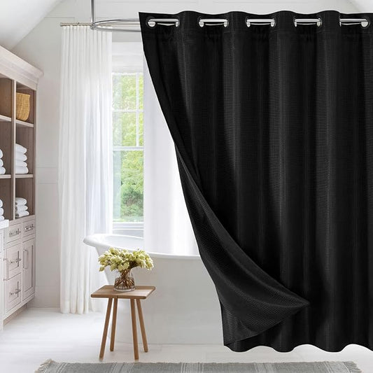 MitoVilla Black Waffle Long Shower Curtain Liner Set 72 x 80, No Hooks Needed 80 inch Long Heavyweight Fabric Shower Curtain Set with Snap-in Liner for Hotel Grade Spa-Like Bathroom Decor