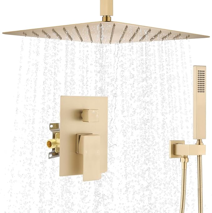 Ceiling Mount Rain Shower System, Shower Faucet Set with 16 Inch High Pressure Overhead Rain Shower Head and Handheld Sprayer, Dual Way Pressure Balance Shower Valve, Brushed Gold