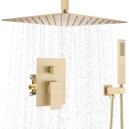 Ceiling Mount Rain Shower System, Shower Faucet Set with 16 Inch High Pressure Overhead Rain Shower Head and Handheld Sprayer, Dual Way Pressure Balance Shower Valve, Brushed Gold