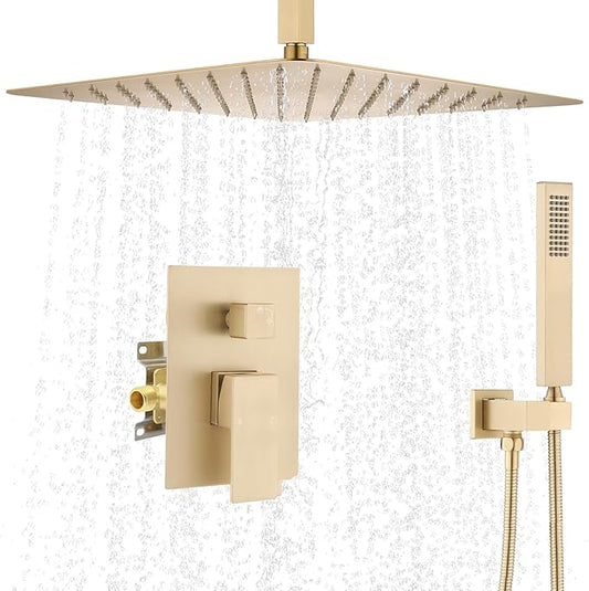 Ceiling Mount Rain Shower System, Shower Faucet Set with 16 Inch High Pressure Overhead Rain Shower Head and Handheld Sprayer, Dual Way Pressure Balance Shower Valve, Brushed Gold