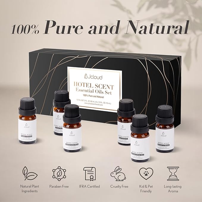 JCLOUD Hotel Diffuser Oils Set | Top 6 Luxury Hotel Inspired Essential Oils for Diffuser for Home, Pure Aromatherapy Diffuser Oil Gift Set, Home Luxury & Hotel Scents for Diffuser - 6x10mL