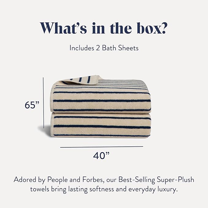 Brooklinen Super-Plush Turkish Cotton Bath Sheets - Set of 2 - Cotton, 820 GSM, Highly Absorbent, Machine Washable, Perfect for Home & Bathroom (40" x 65", Striped Navy)