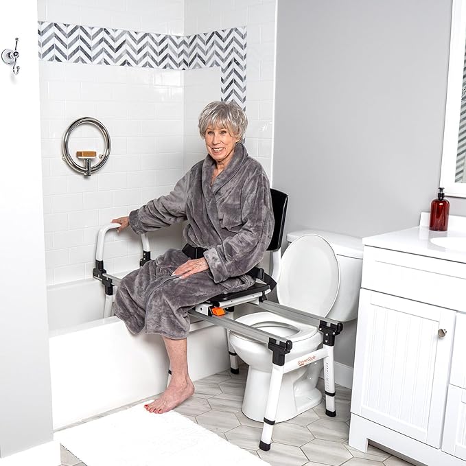 ShowerGlyde SG2 - FSA HSA Eligible | Sliding Transfer Bench for Toilet-Adjacent Tubs, Adjustable Height, Grab Bar, Extended Rails, Sliding Shower Chair with Commode Compatibility