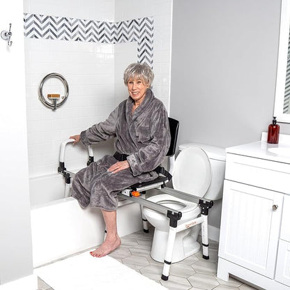 ShowerGlyde SG2 - FSA HSA Eligible | Sliding Transfer Bench for Toilet-Adjacent Tubs, Adjustable Height, Grab Bar, Extended Rails, Sliding Shower Chair with Commode Compatibility