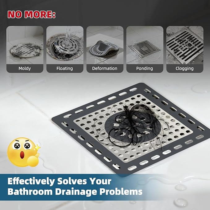 Hibbent Upgraded Shower Drain Hair Catcher, Shower Drain Cover for Bathroom Floor 4" Drain, Anti-Clogging Bathtub Drain Strainer, Stainless Steel Kitchen Sink Drain Strainer with Handle, Dark Grey