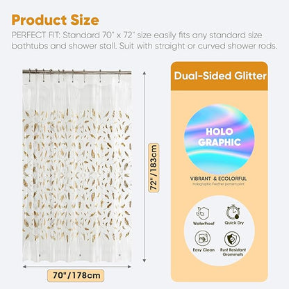 Plastic Shower Curtain Liner, Waterproof Printed PEVA Shower Curtain with Design, Holographic Feather Pattern, Rustproof Grommets, Standard Size 70x72 Bathtub Curtain for Bathroom (Pack of 1)