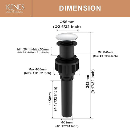 KENES Bathroom Vessel Sink Pop Up Drain Assembly Without Overflow, Chrome Bathroom Vanity Sink Drain Stopper, Anti-Clogging Drain Strainer, KE-P300A-5