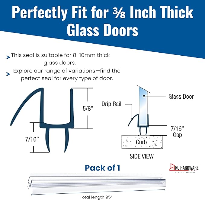 Frameless Shower Door Bottom Seal Strip for 3/8 in Glass- 95 in Length, Clear