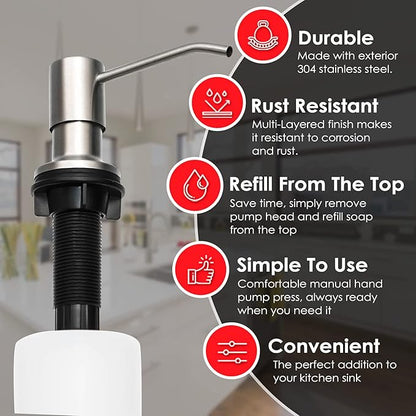 Soap Dispenser for Kitchen Sink (Brushed Nickel), Fit 1-to-1.25-inch Hole, Built in Soap Dispenser, Stainless Steel Pump Replacement