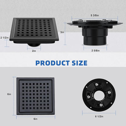 morefine Square Shower Drain with Flange, Shower Drain 6 inch with Removable Grate Cover, SUS 304 Stainless Steel, Matte Black