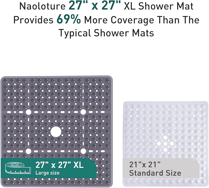 Large Gray Square Shower Mat Non Slip 27 x 27 Inch, Soft Bath Mat Bathtub Mat for Inside Shower Floor, Anti Slip Shower Stall Mats with Big Suction Cups Drain Holes, Easy Washable, BPA-Free