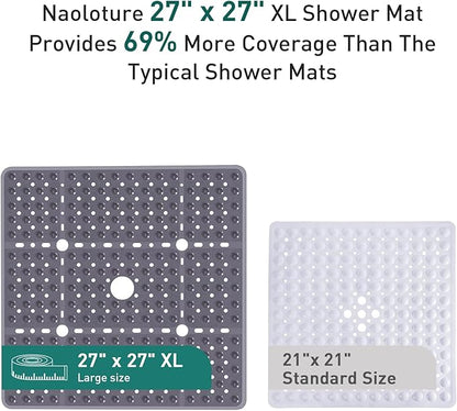 Large Gray Square Shower Mat Non Slip 27 x 27 Inch, Soft Bath Mat Bathtub Mat for Inside Shower Floor, Anti Slip Shower Stall Mats with Big Suction Cups Drain Holes, Easy Washable, BPA-Free