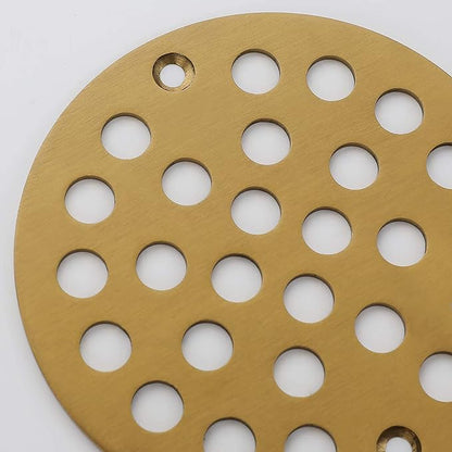 4 Inch OD Round Screw-in Brushed Gold Shower Drain Strainer - Brass Construction, Efficient Drainage & Versatile Use
