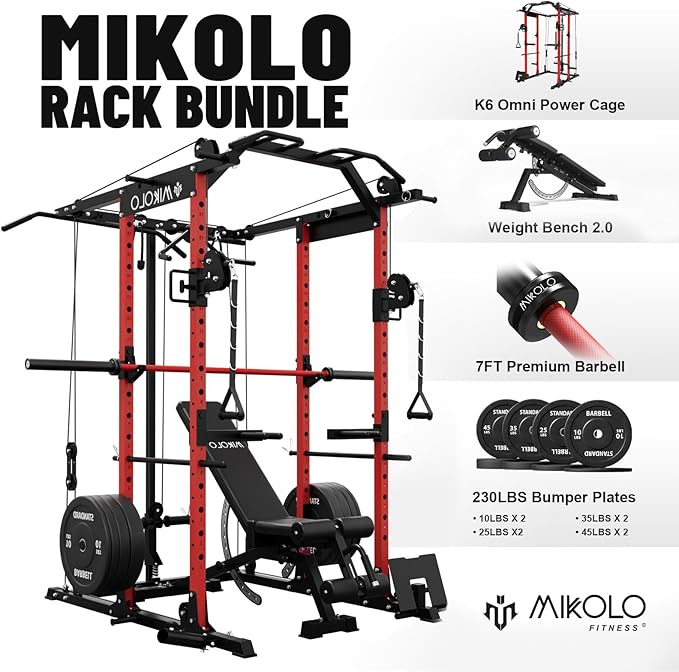 Mikolo Power Cage, Power Rack with Cable Crossover System, 1500LBS Squat Rack with LAT Pull Down System, Workout Cage with Pulley System for Fitness Home Gym