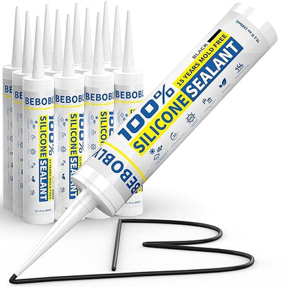 Black Silicone Caulk & Sealant, 100% Waterproof Silicone Caulking, Silicone Sealant Caulking for Kitchen, Bathroom, RV, Interior & Exterior Use, Shrink & Crack Proof, 10.2 FL. OZ/300ML, 12 Pack