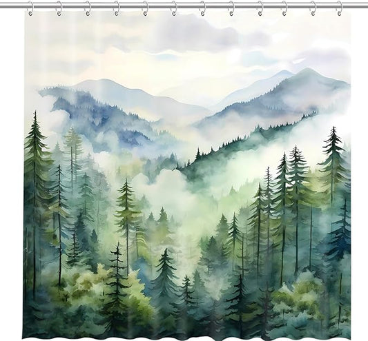 Coveted Goods 72" x 84" Mountain Forest Shower Curtain, Misty Pine Tree Landscape, Waterproof Polyester, Includes Grommets and Hooks, Machine Washable Nature-Inspired Bathroom Decor