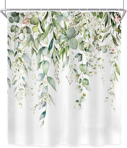 Riyidecor Sage Green Eucalyptus Shower Curtain,Fabric Cloth Bathroom Curtains,Leaves Plants Spring Floral Botanical Leaf Nature Watercolor Bath Shower Curtains Decor Set 72x72 Inch