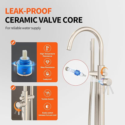 Freestanding Bathtub Faucet Waterfall Tub Filler Brushed Nickel Floor Mount Brass Single Handle Bathroom Faucets with Hand Shower (Electroplating color, The bottom of the water)
